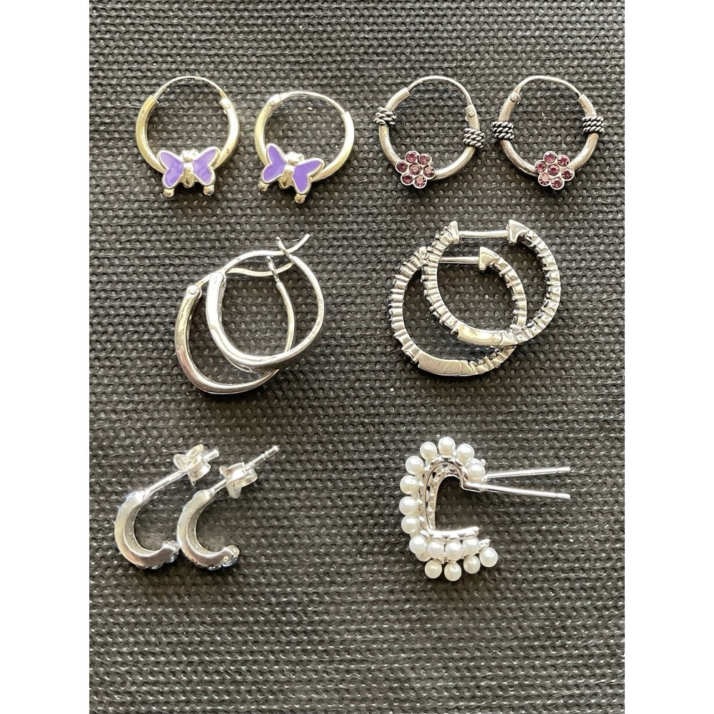 Lot Of 6 Pairs 925 Sterling Silver Hoop Style Earrings Vintage To Modern Estate